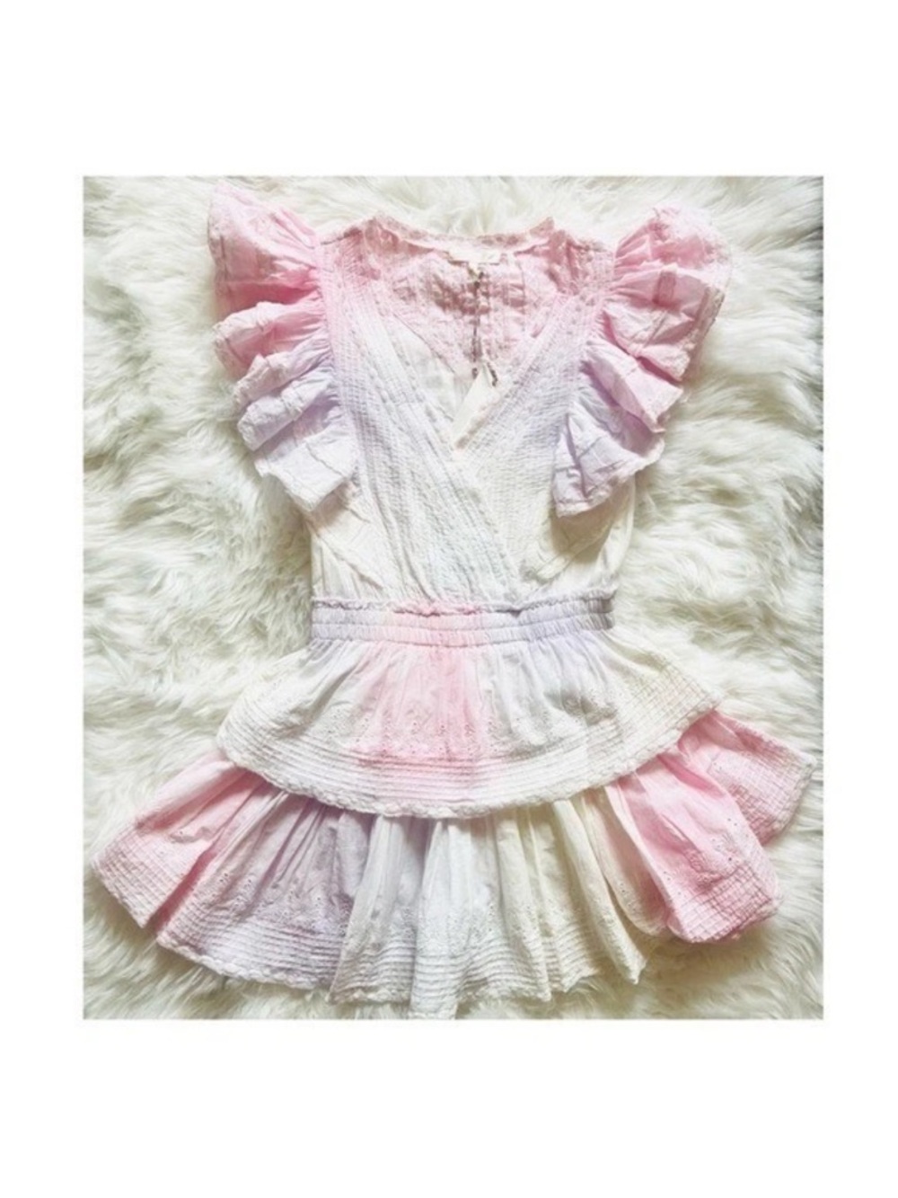 New! LoveShackFancy Gwen Tie Dye Lace Ruffle Cotton Mini Dress in Pink White - Picture 7 of 13